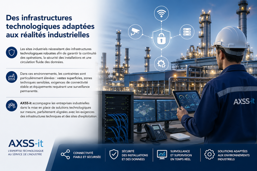 Infrastructures technologiques industrielles avec ingénieur surveillant un site industriel connecté et sécurisé