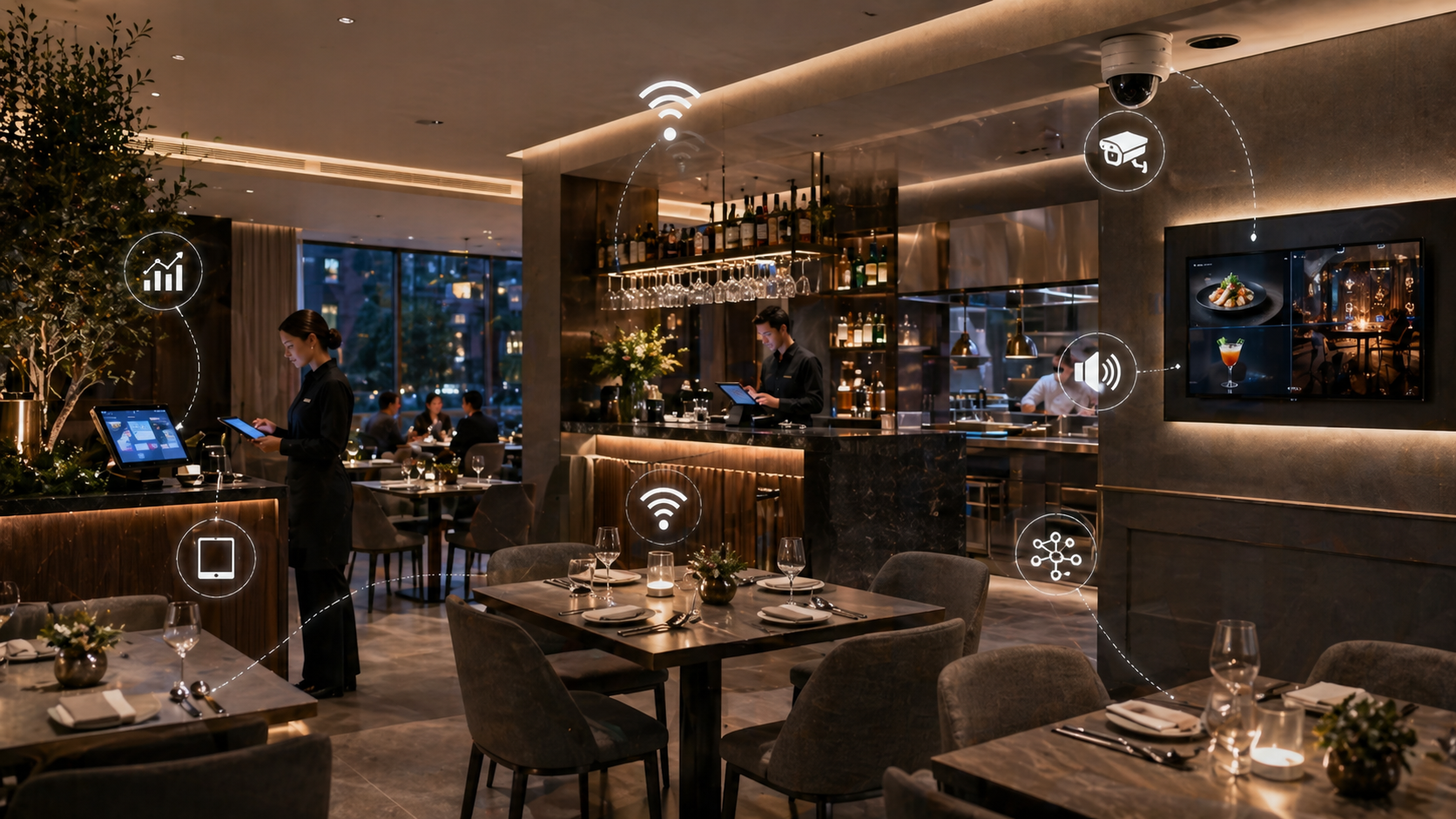 Infrastructures technologiques adaptées aux restaurants avec sécurité réseau audiovisuel et gestion des installations