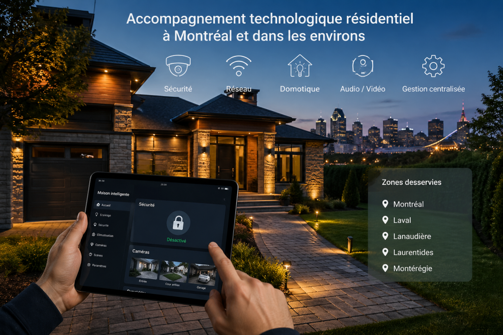 Accompagnement technologique résidentiel à Montréal avec maison connectée sécurité réseau et gestion centralisée
